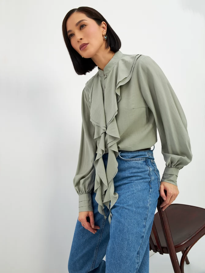 Блузкас отлетными рюшами OD-914-3 полынь