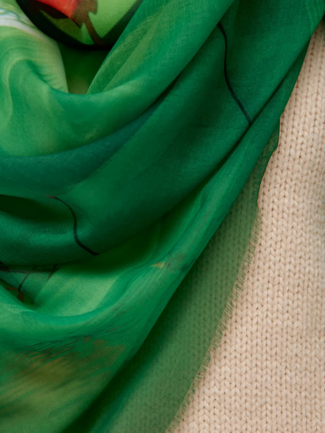 Платок женский двусторонний с принтом Арт-деко и бахромой