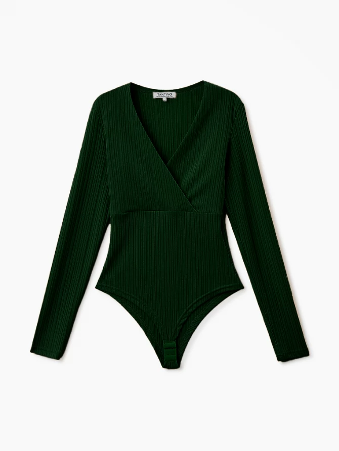 Боди женское в рубчик с V-образным вырезом