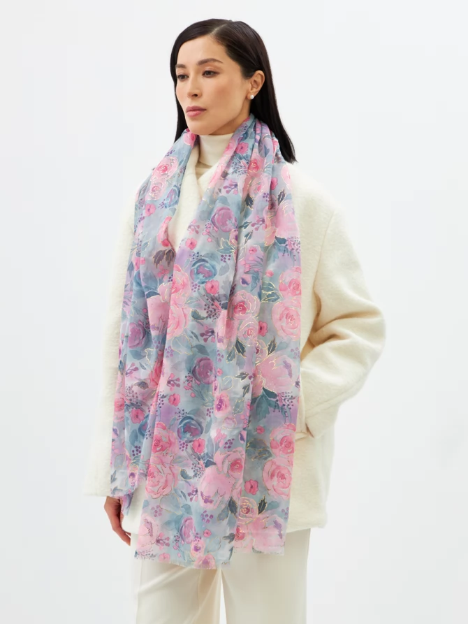 Палантин женский двусторонний с цветочным арт-деко принтом