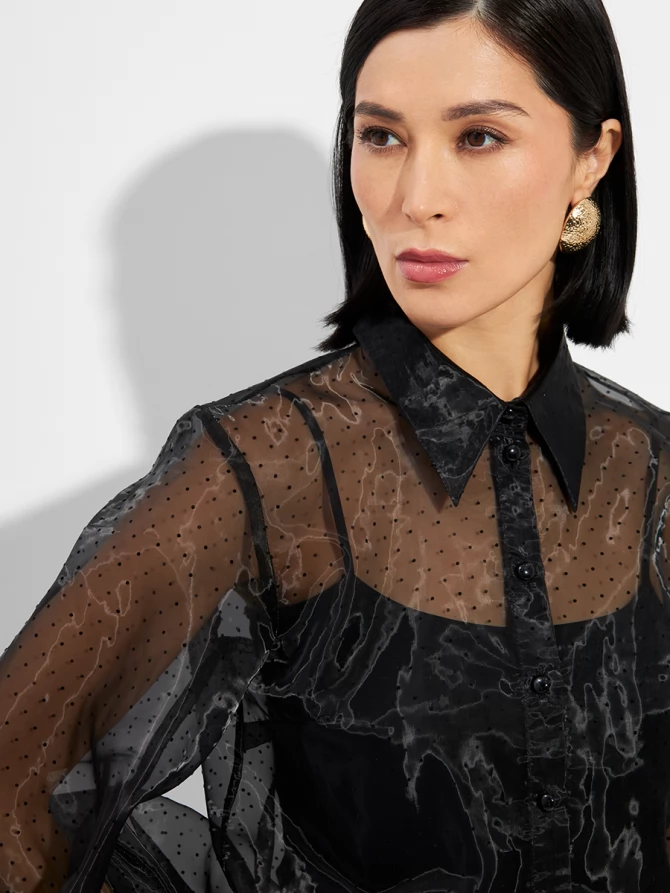 Блузка из органзы с мушками и галстуком OD-986-1 черный