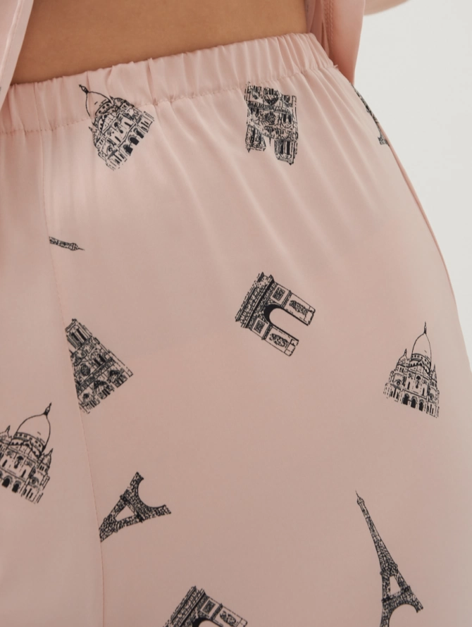 Брюки прямые из армани-шелка с парижским принтом
