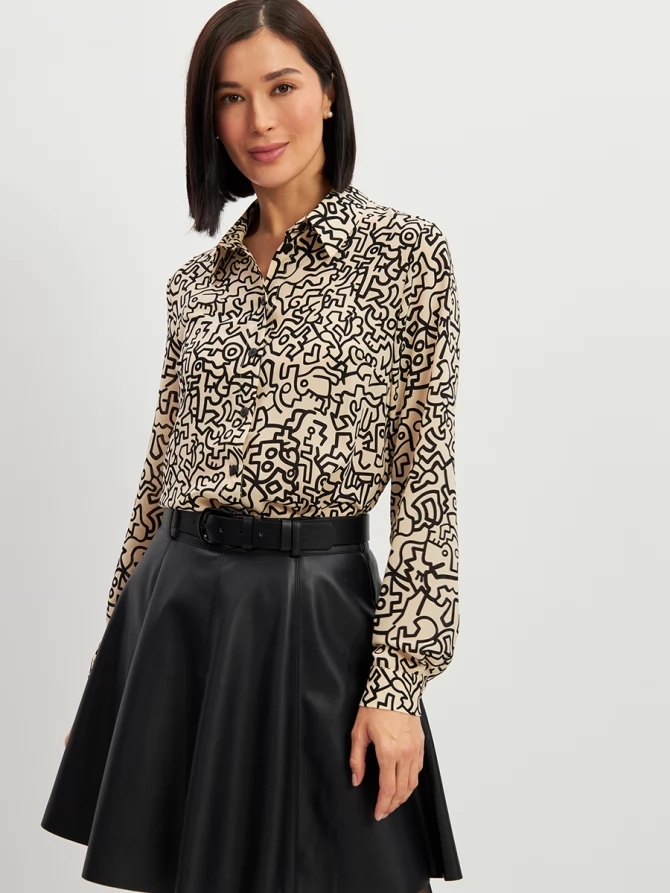 Блузка из шифона OD-887-3 молочный с черным