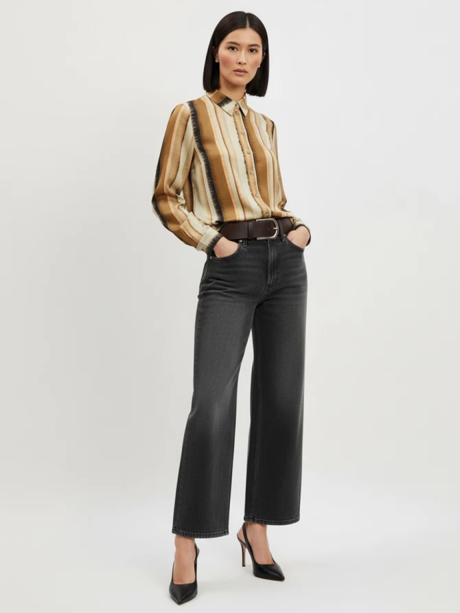 Блузка из атласной ткани OD-887-6 коричневый с серой полосой