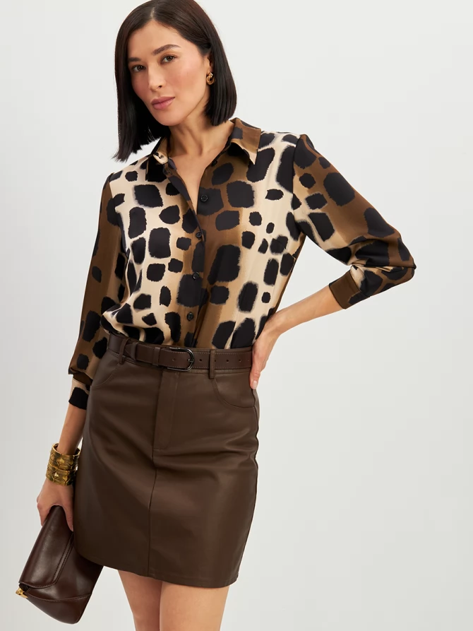 Блузка из атласной ткани OD-887-5 леопард коричневый с хаки