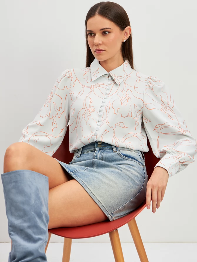 Блузка с принтом OD-639-26 голубая оранжевый цветок