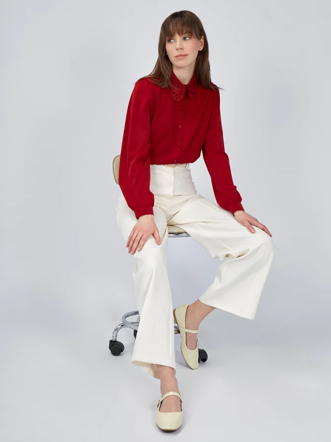 Блузка с воротником из кружева и защипами OD-913-3 бордовый