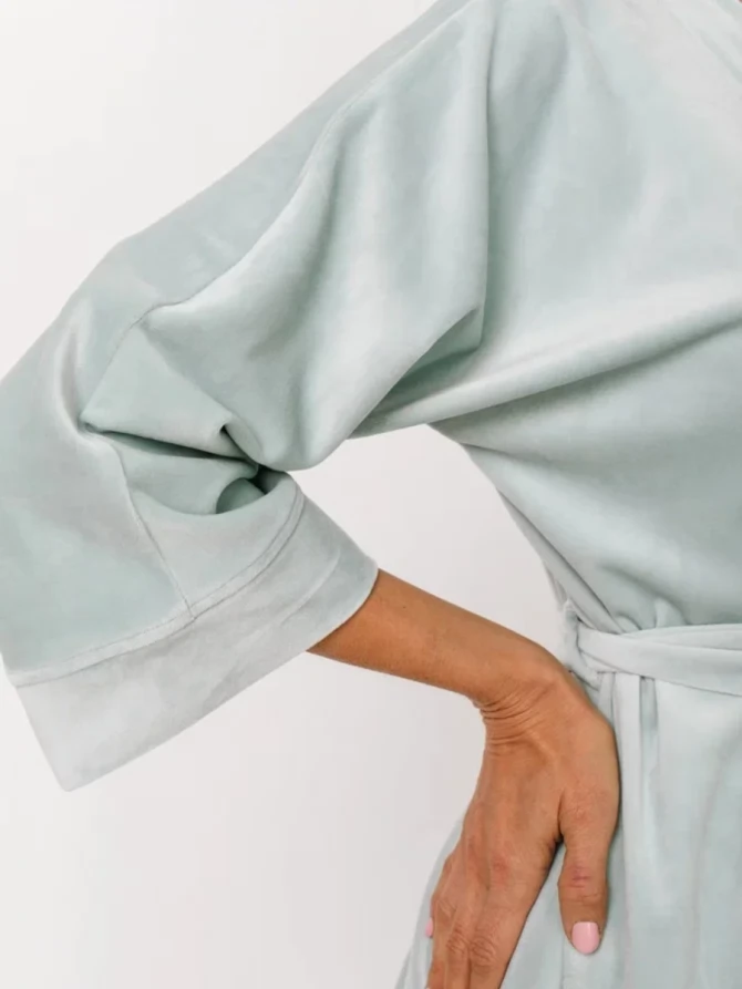 Пижама кимоно и брюки палаццо из велюра серо-зеленая