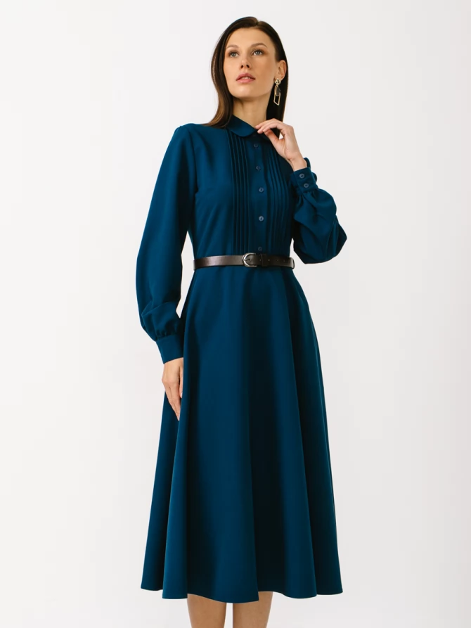 Платье из костюмной ткани с контрастным воротником и манжетом OD-841-2 бирюза