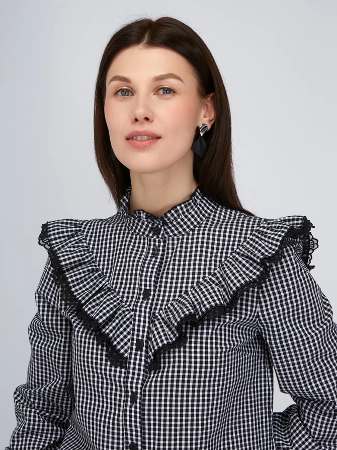 Блузка из хлопка с кружевом OD-896-1 ч/б клетка