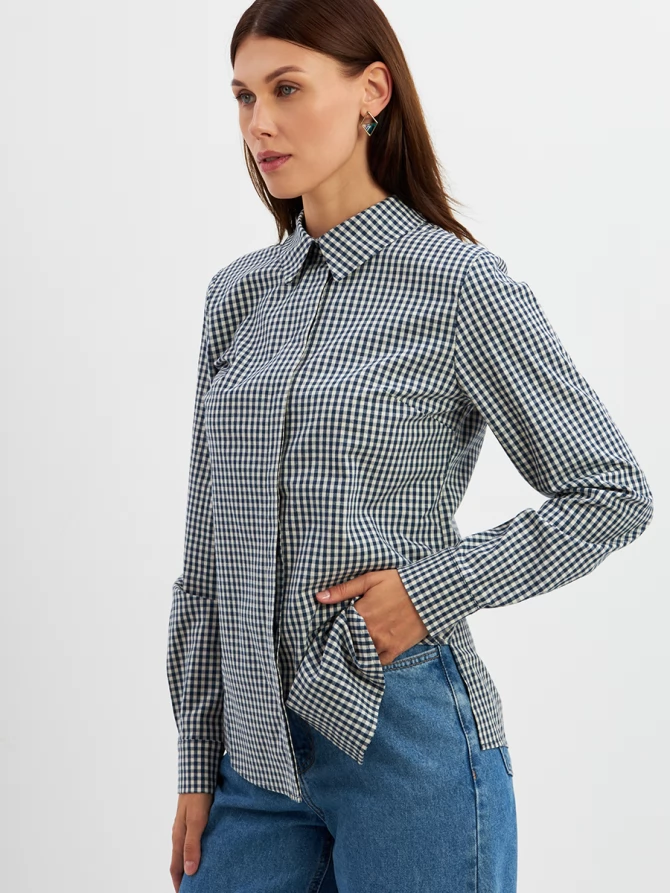 Блузка классик с контраст.стойкой OD-737-17 синяя клетка