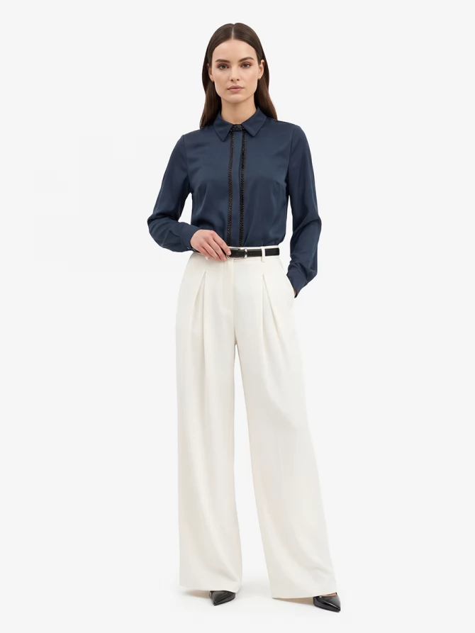 Блуза с узкой бисерной тесьмой OD-1016-1 темно-синий