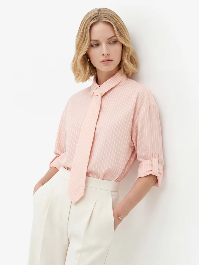 Рубашка полоса с галстуком OD-918-3 персик