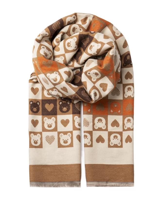 Палантин женский в клетку с мишками и сердцами