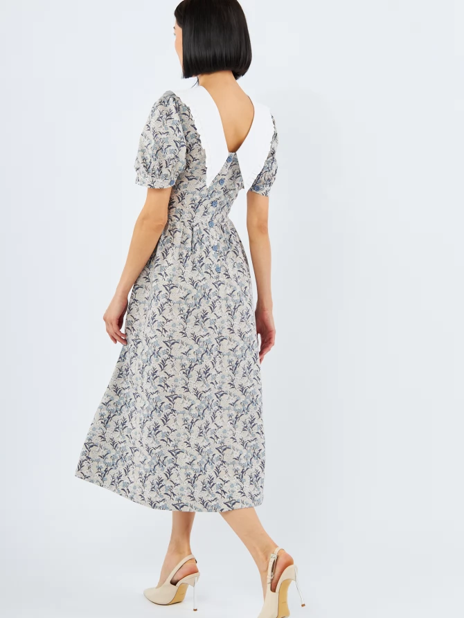 Платье из хлопка с большим контрастным воротником OD-935-3 цветы на бежевом