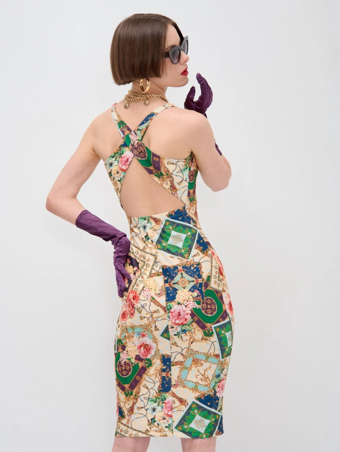 Платье с принтом "масло" с открытой спиной