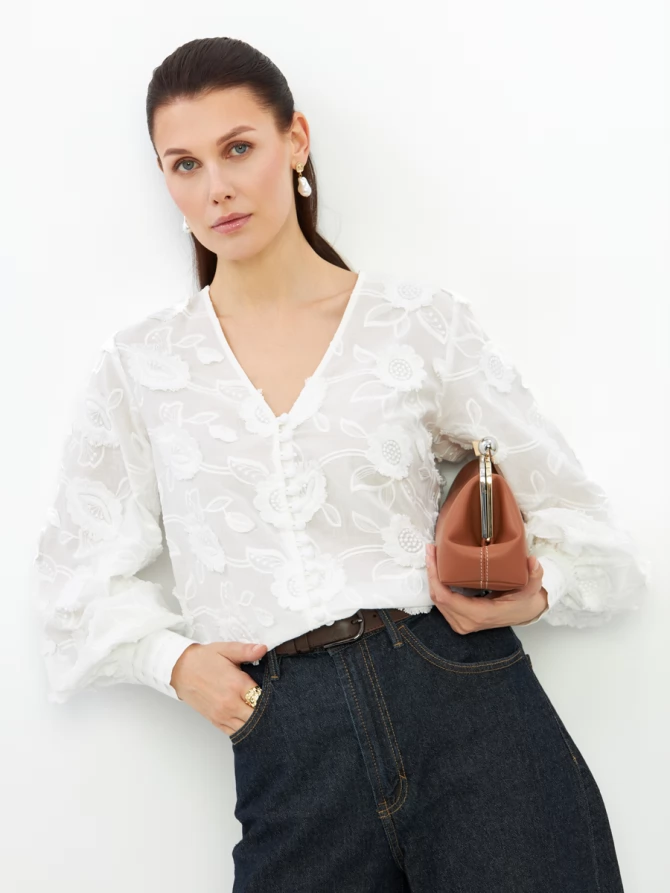 Блуза с обьемной вышивкой OD-987-1 белый ( обьемный цветок)