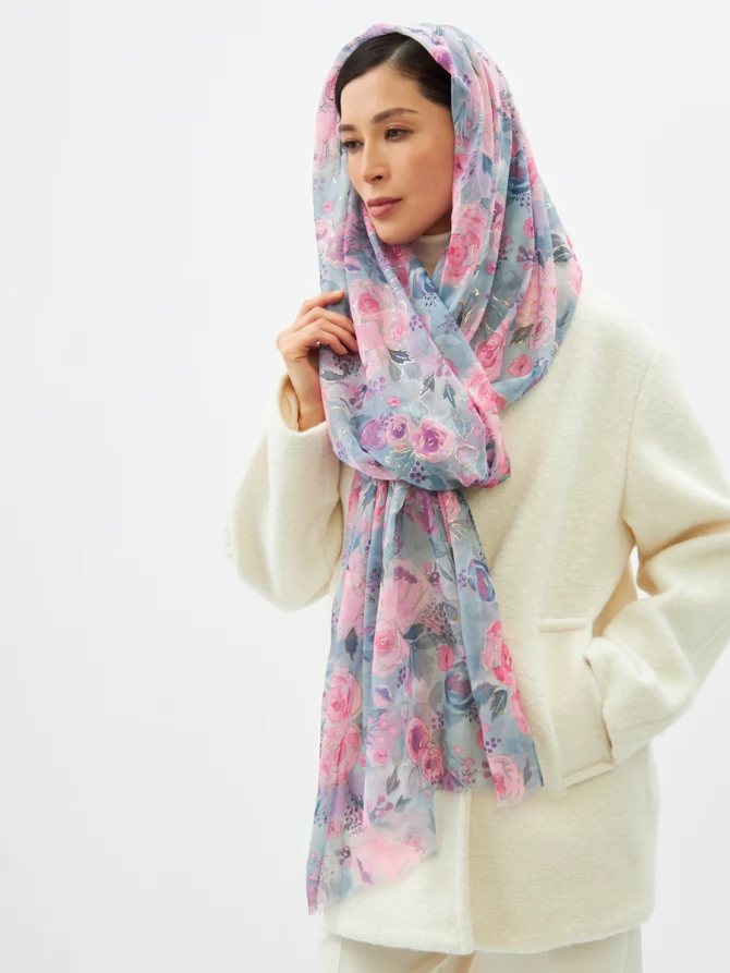 Палантин женский двусторонний с цветочным арт-деко принтом