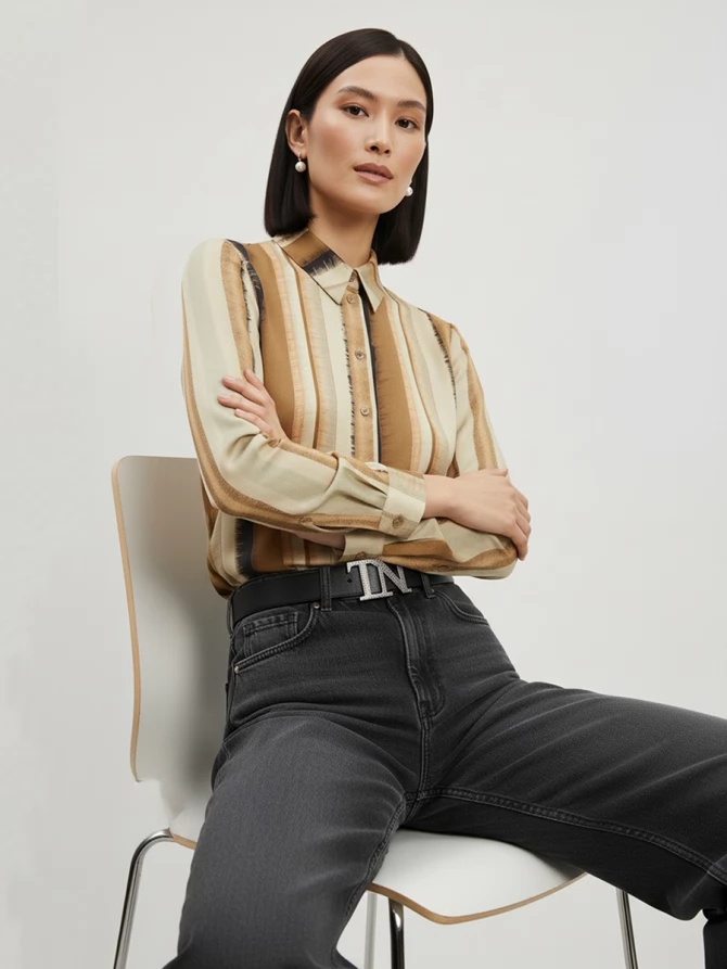 Блузка из атласной ткани OD-887-6 коричневый с серой полосой