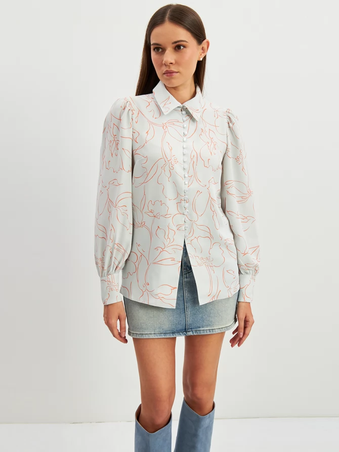 Блузка с принтом OD-639-26 голубая оранжевый цветок