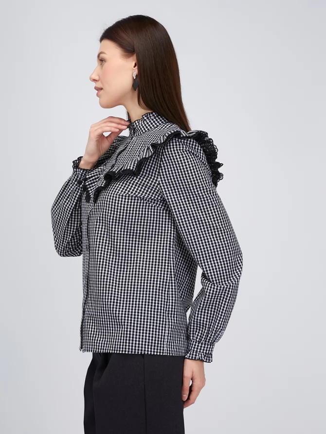 Блузка из хлопка с кружевом OD-896-1 ч/б клетка