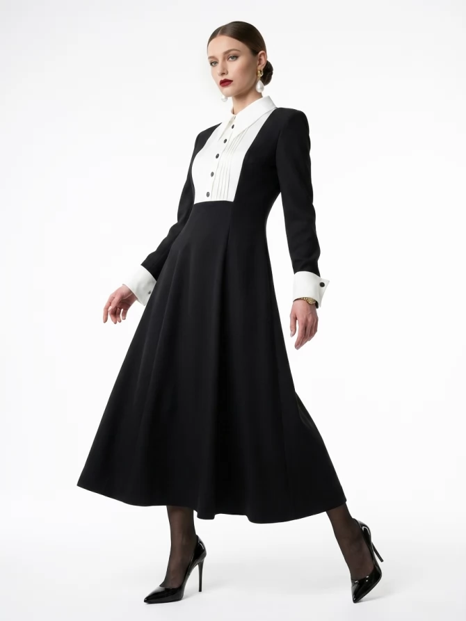 Платье черное из костюмной ткани с белой вставкой OD-1034-1