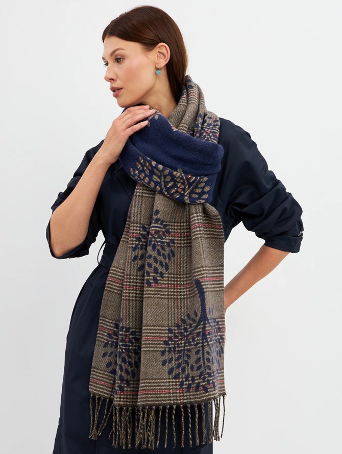 Палантин женский двусторонний в клетку с рисунком