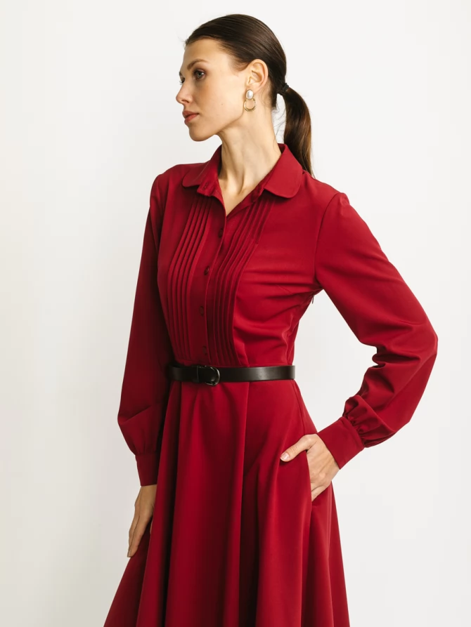 Платье из костюмной ткани с контрастным воротником и манжетом OD-841-3 бордо