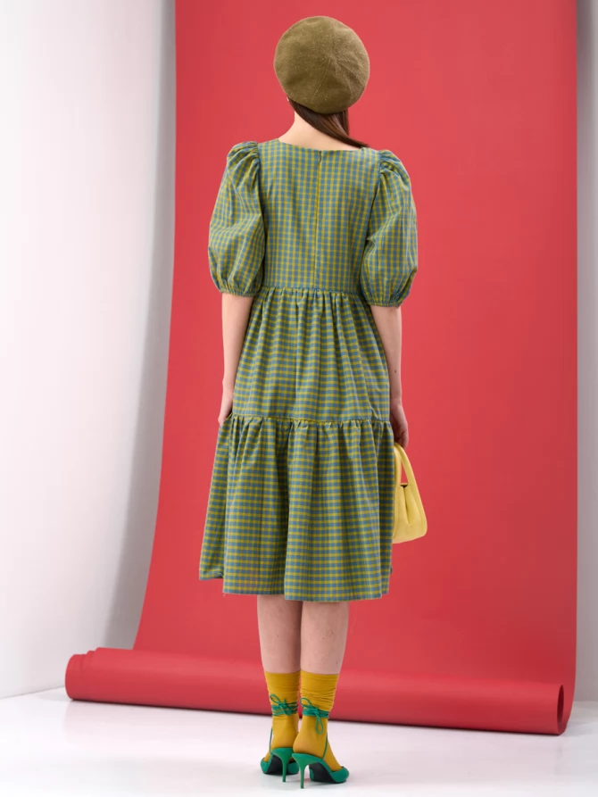 Платье хлопковое в клетку с рукавами-буфами