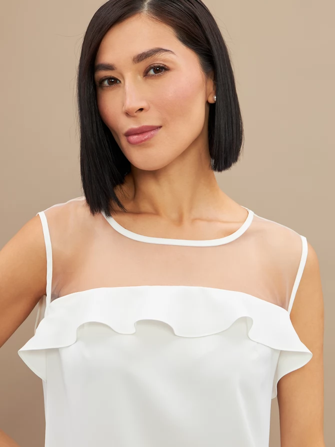 Блузка без рукавов с сеткой и воланом OD-992-1 белый