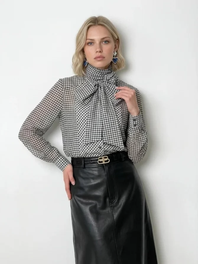 Блузка из органзы в клетку OD-984-2 коричневый с белым