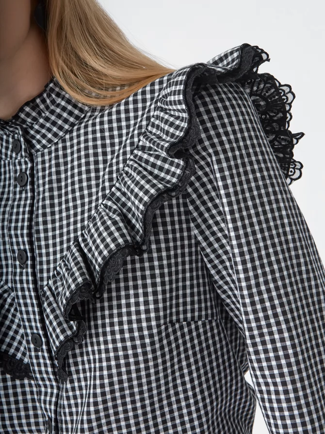 Блузка из хлопка с кружевом OD-896-1 ч/б клетка