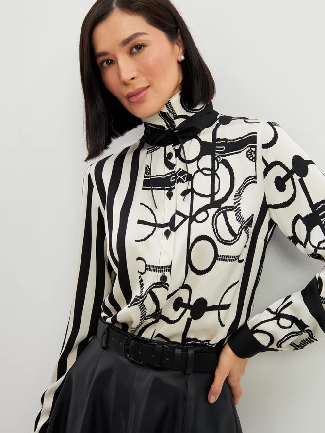 Блузка из атласной ткани  OD-887-1 черно-белая