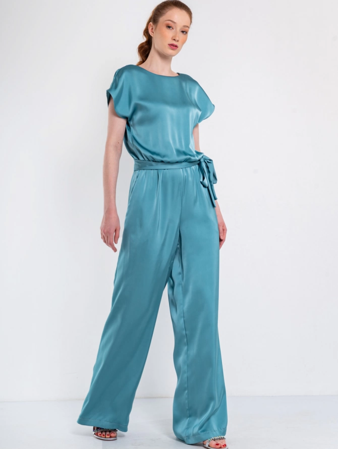 Комбинезон атласный с палаццо OD-854-1, зеленый