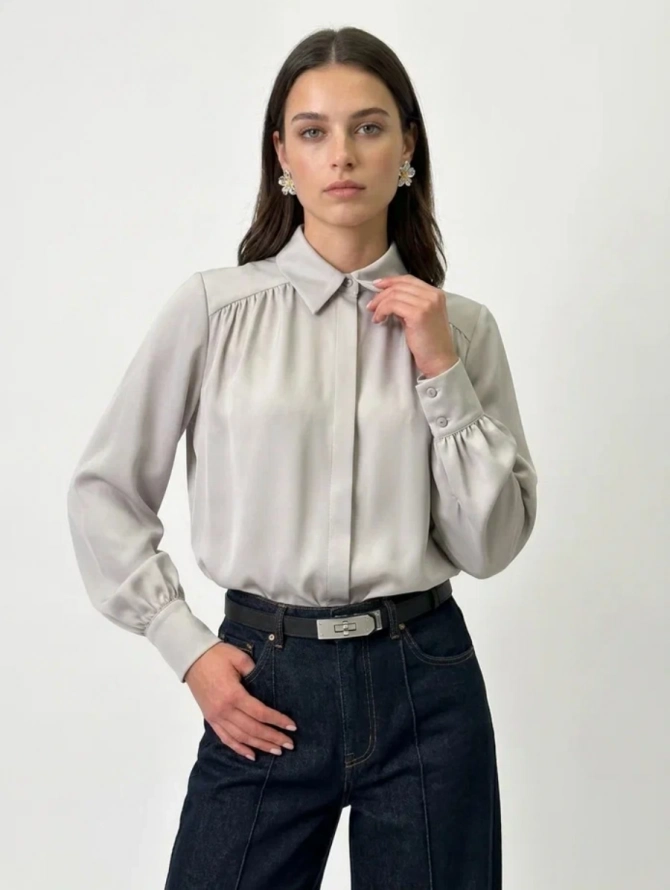 Блузка со сборкой и съемной пуговицей OD-971-2 серо-коричневый