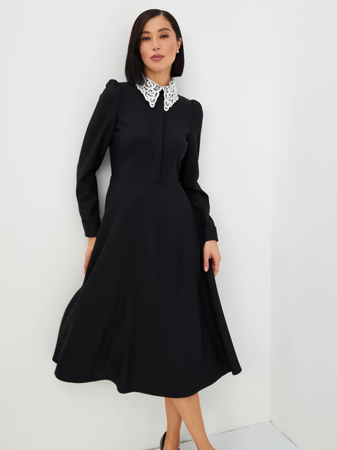 Платье с кружевным воротником потайная планка OD-886-1 черный