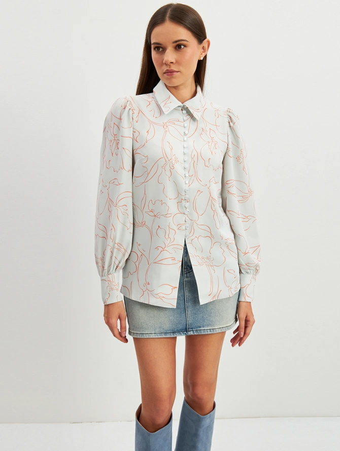 Блузка с принтом OD-639-26 голубая оранжевый цветок