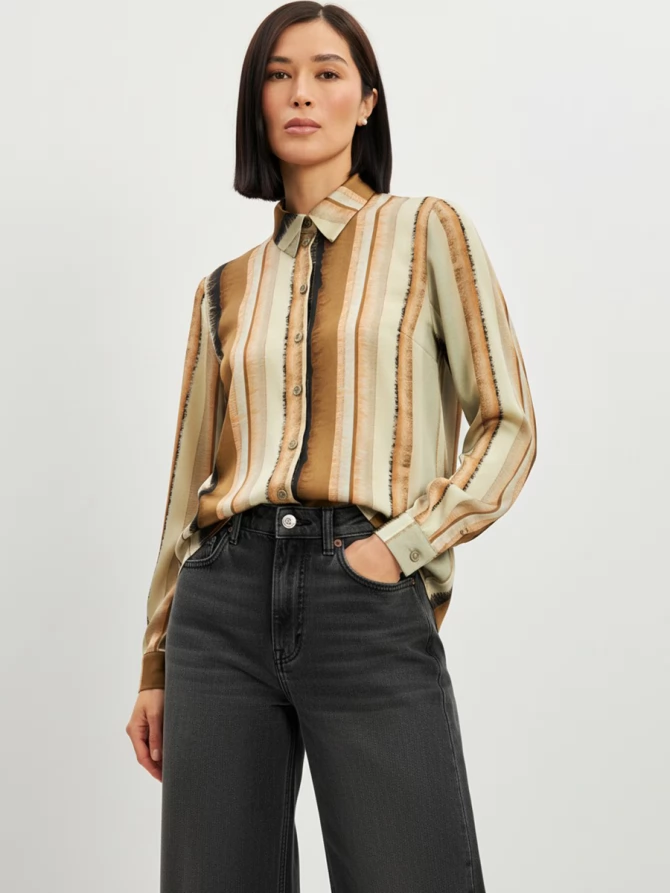 Блузка из атласной ткани OD-887-6 коричневый с серой полосой