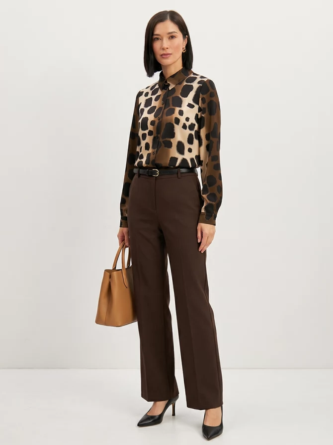 Блузка из атласной ткани OD-887-5 леопард коричневый с хаки