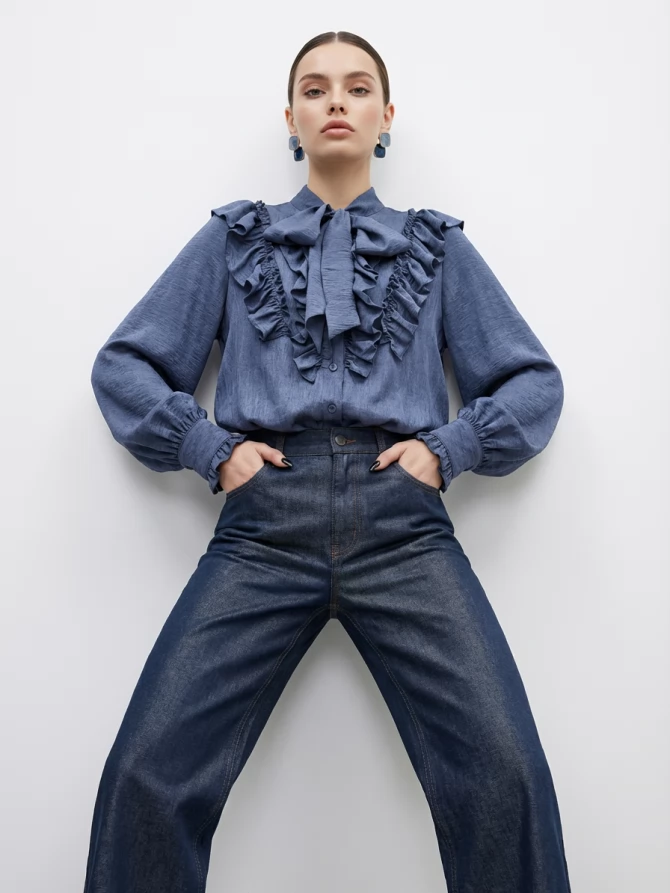 Блузка с рюшами и воротником-завязка OD-988-3 синий