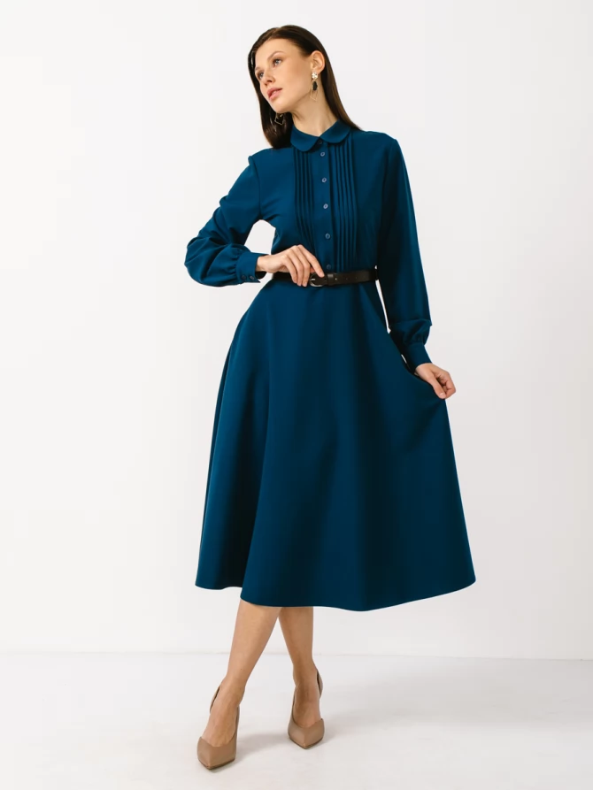 Платье из костюмной ткани с контрастным воротником и манжетом OD-841-2 бирюза