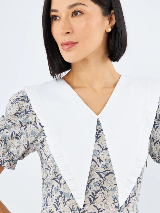 Платье из хлопка с большим контрастным воротником OD-935-3 цветы на бежевом