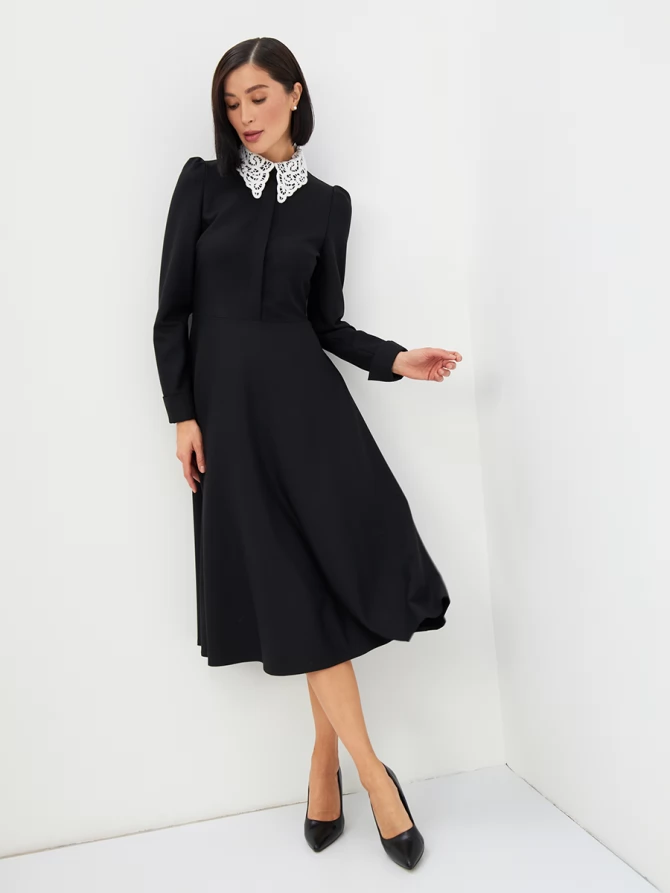 Платье с кружевным воротником потайная планка OD-886-1 черный