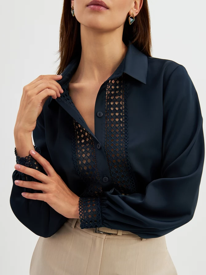 Блузка с кружевом OD-808-4 темно-синий