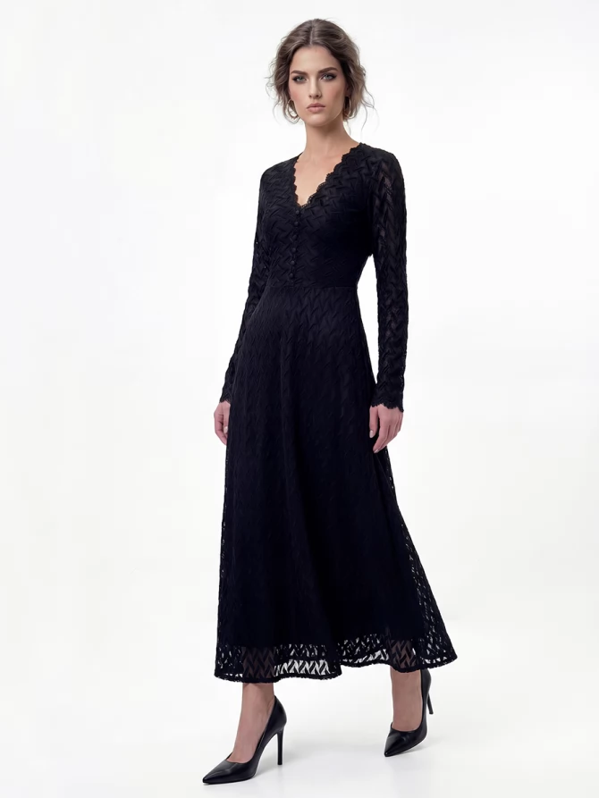 Платье из трикотажного кружева на подкладке с V-образным вырезом, черный, с фестонами