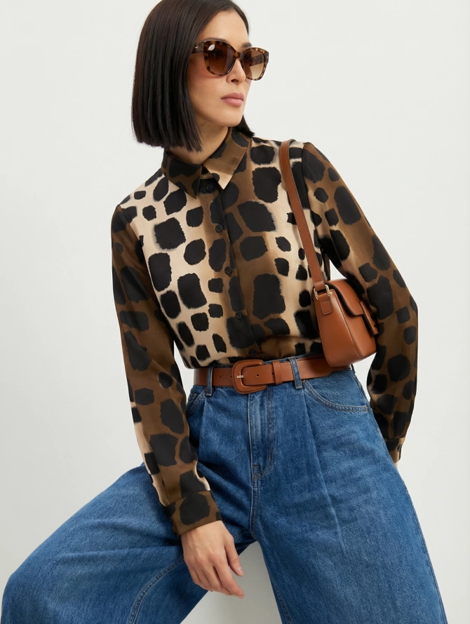 Блузка атласная леопард коричневый с хаки