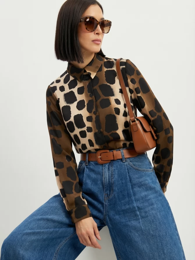 Блузка из атласной ткани OD-887-5 леопард коричневый с хаки