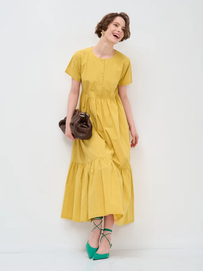 Платье хлопковое миди со спущенной проймой и воланом, цвет горчица