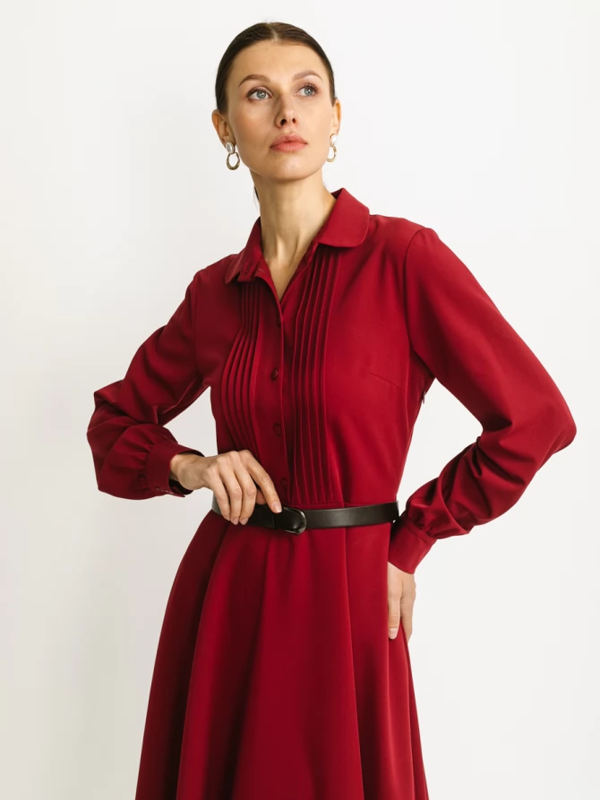 Платье из костюмной ткани с контрастным воротником и манжетом OD-841-3 бордо