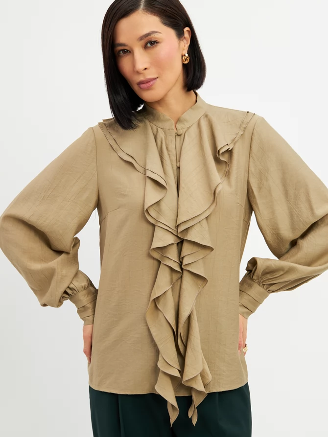 Блузкас отлетными рюшами OD-914-2 хаки